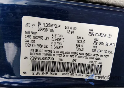 2005 Chrysler Town & Country Limited from USA, damaged, VIN 2C8GP64L35R365334